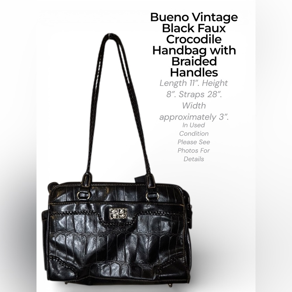 Black Faux Crocodile Handbag – Braided Handles & Decorative Clasp